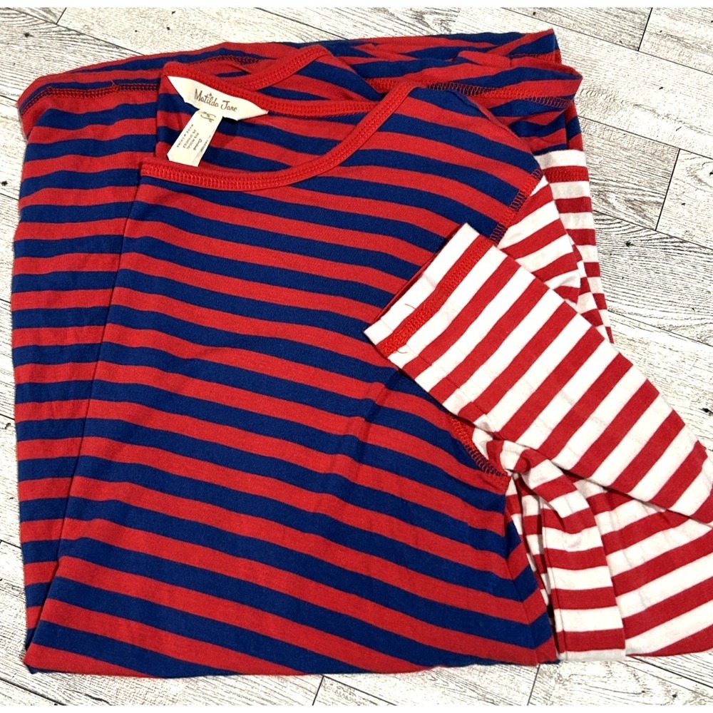 Matilda Jane Stripe Long Sleeve Shirt Size SMALL Swing Loose Red Blue Colorblock